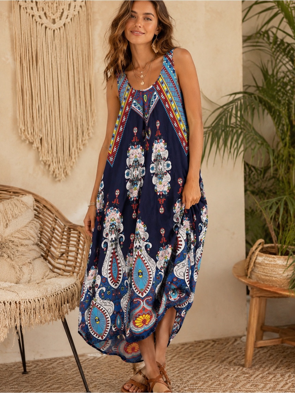 Pink Pineapple Boho Maxi Dress Navy Colorful Free Size Art to Wear Festival